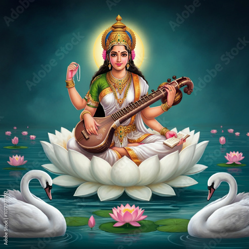Goddess Saraswati on a lotu...