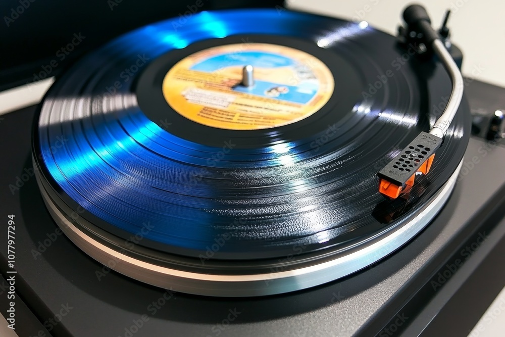Detailed hyper-realistic image of a vinyl record spinning on a turntable, capturing the texture of the grooves Detailed hyper-realistic image of a vinyl record spinning on a turntable, capturing the texture of the grooves