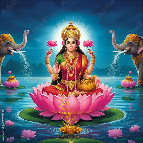 Goddess Lakshmi on a lotus surrounded by elephants, embodying prosperity, fortune, and divine blessings as celebrated in Hindu tradition