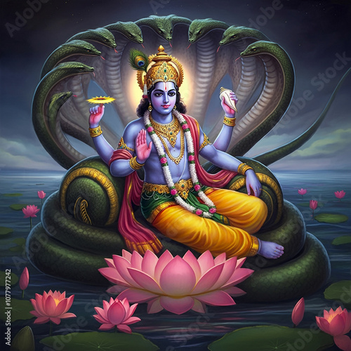 Lord Vishnu seated on Sheshnag with a lotus, symbolizing stability, preservation, and divine protection in Hindu mythology