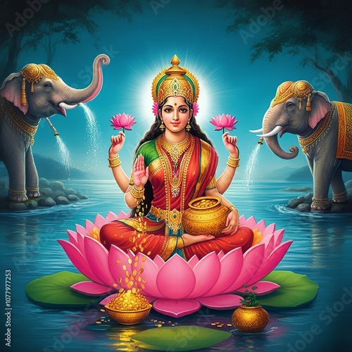 Goddess Lakshmi seated on a...