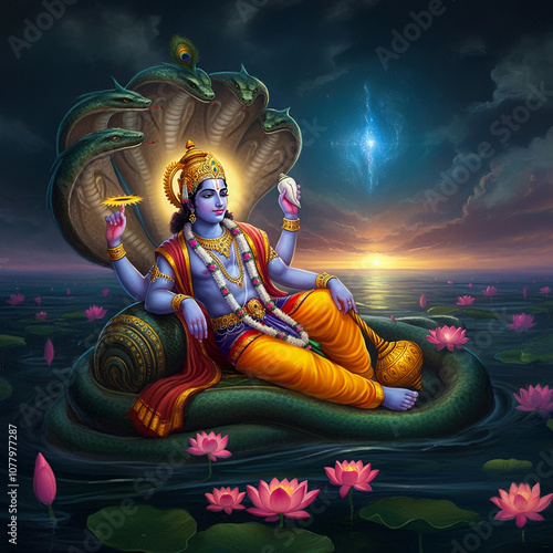 Lord Vishnu reclining on Sheshnag amidst the cosmic waters, embodying divine protection, preservation, and cosmic balance in Hinduism photo