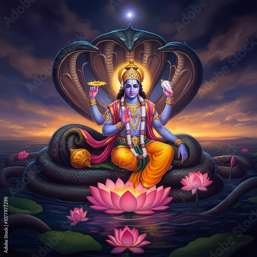 Lord Vishnu resting on Sheshnag in the cosmic ocean, symbolizing preservation, stability, and protection within the Hindu trinity