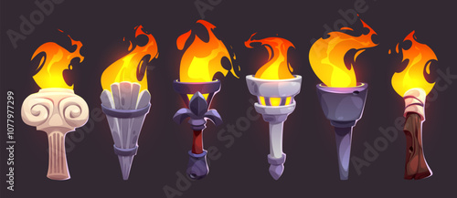 Burning torch fire set isolated on black background. Vector cartoon illustration of bright flame on wooden, stone, iron handle, antique, medieval, sports competition light icons, palace torchlight