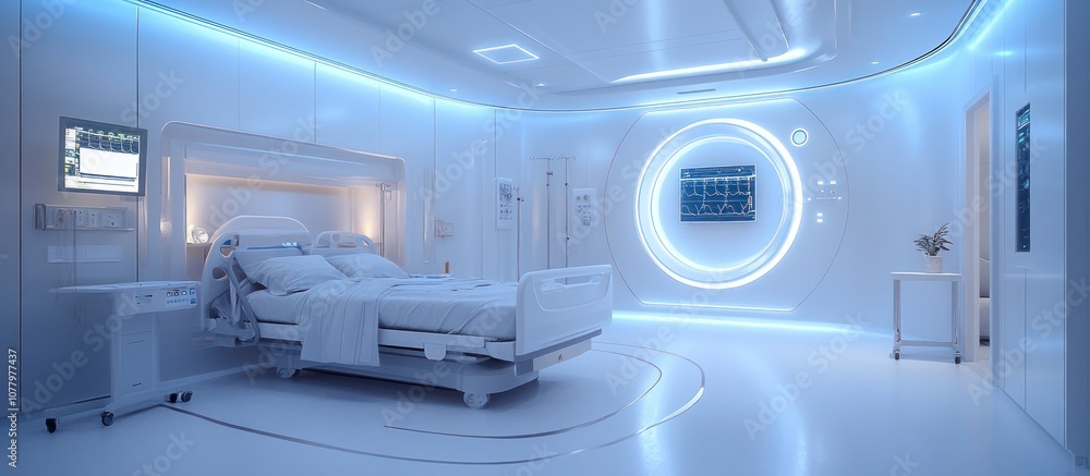 Futuristic hospital room with white walls, a bed, a TV, and a round light fixture. Futuristic hospital room with white walls, a bed, a TV, and a round light fixture.