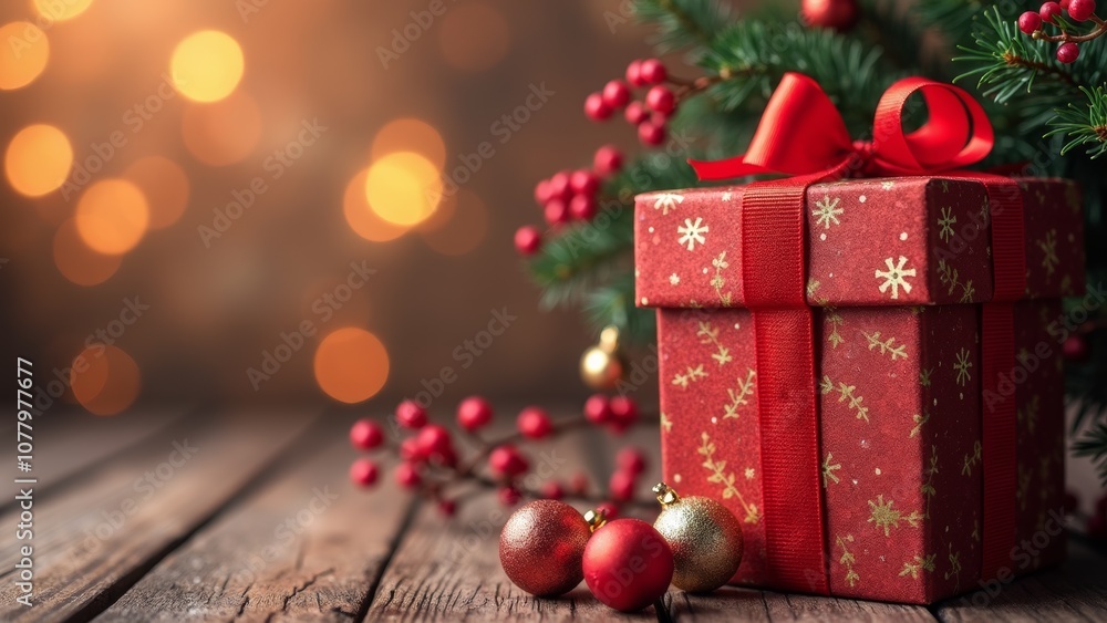 Festive Christmas gift wrapped in red paper with golden accents placed near a decorated evergreen tree, showcasing holiday spirit Festive Christmas gift wrapped in red paper with golden accents placed near a decorated evergreen tree, showcasing holiday spirit