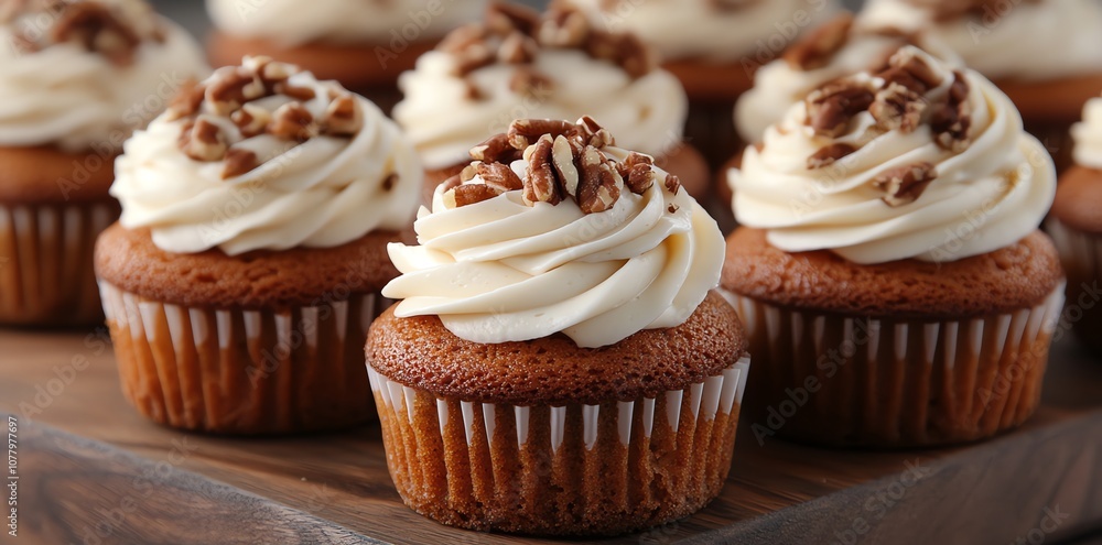 A close up shot of a row of delicious cupcakes with vanilla frosting and pecan nuts. A close up shot of a row of delicious cupcakes with vanilla frosting and pecan nuts.