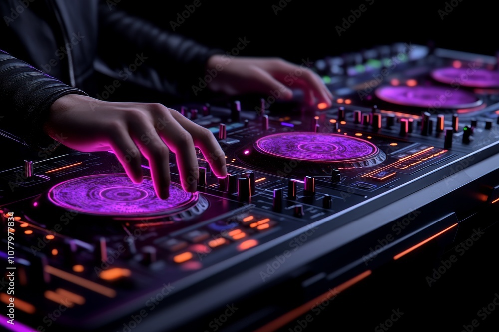 Futuristic DJ mixing holographic music tracks with digital screens and glowing lights around Futuristic DJ mixing holographic music tracks with digital screens and glowing lights around