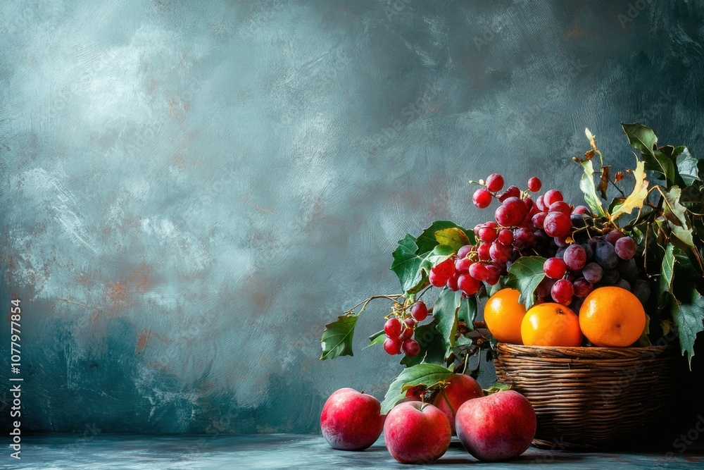 Basket of fruit with grapes, oranges, and peaches on a rustic background. Basket of fruit with grapes, oranges, and peaches on a rustic background.