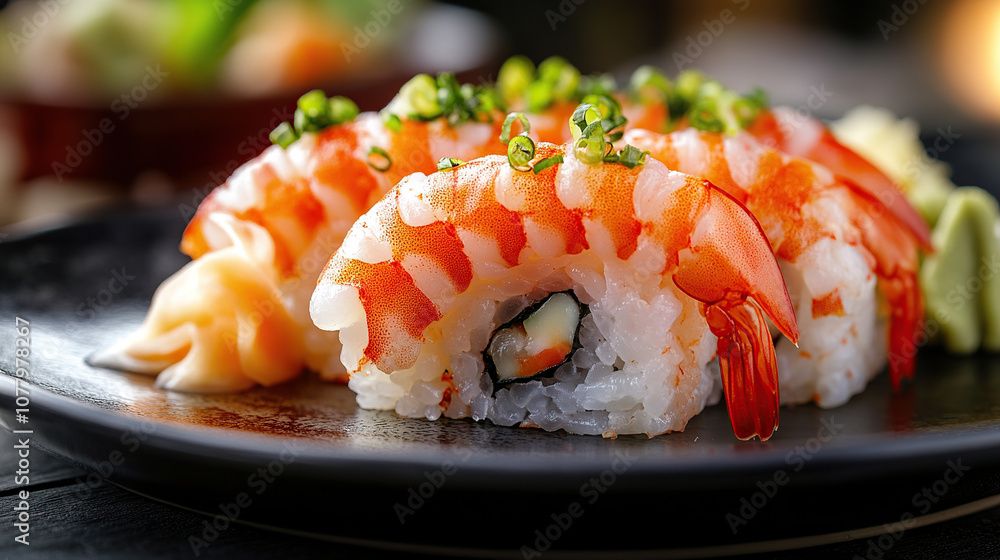Close-up of shrimp on a sushi plate, food photography, cozy restaurant background Close-up of shrimp on a sushi plate, food photography, cozy restaurant background