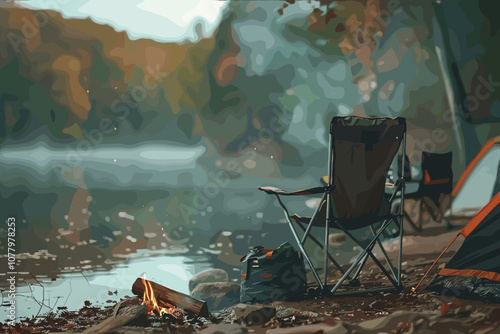 Fall campsite with campfire and orange tent Empty Chairs and Benches Around a Campfire in Autumn