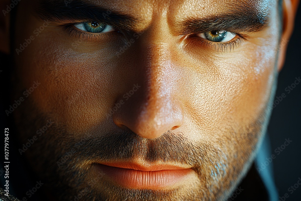 Naklejka premium Hyper-realistic close-up of a manâ€™s face with expressive eyes, capturing emotion and fine skin detail