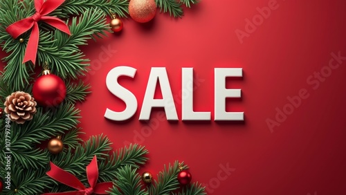 Festive holiday sale announcement featuring red background, pine branches, ornaments, and decorative ribbons to attract shoppers during the season