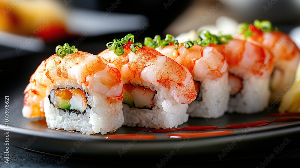 Close-up of shrimp on a sushi plate, food photography, cozy restaurant background Close-up of shrimp on a sushi plate, food photography, cozy restaurant background