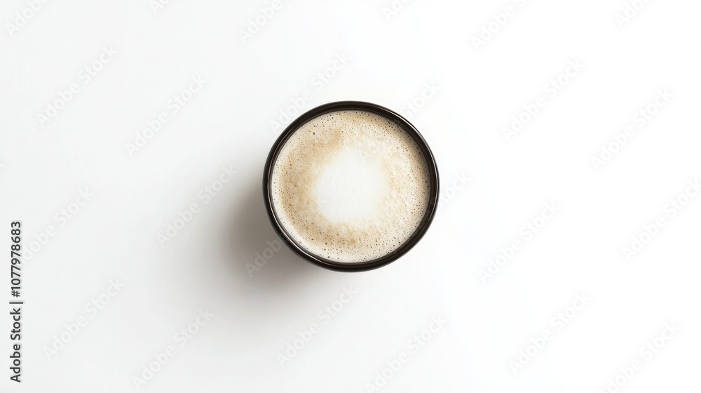 Birds-eye view of a cappuccino with delicate foam art on top, placed on a clean white background, with smooth shadows Birds-eye view of a cappuccino with delicate foam art on top, placed on a clean white background, with smooth shadows