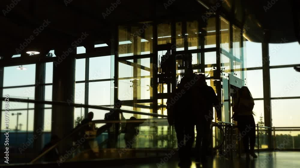 Time lapse with silhouettes of crowd of people walking, hurry or wait for flights in airport hall at sunset. Busy passenger traffic with baggage and tourist destination Time lapse with silhouettes of crowd of people walking, hurry or wait for flights in airport hall at sunset. Busy passenger traffic with baggage and tourist destination
