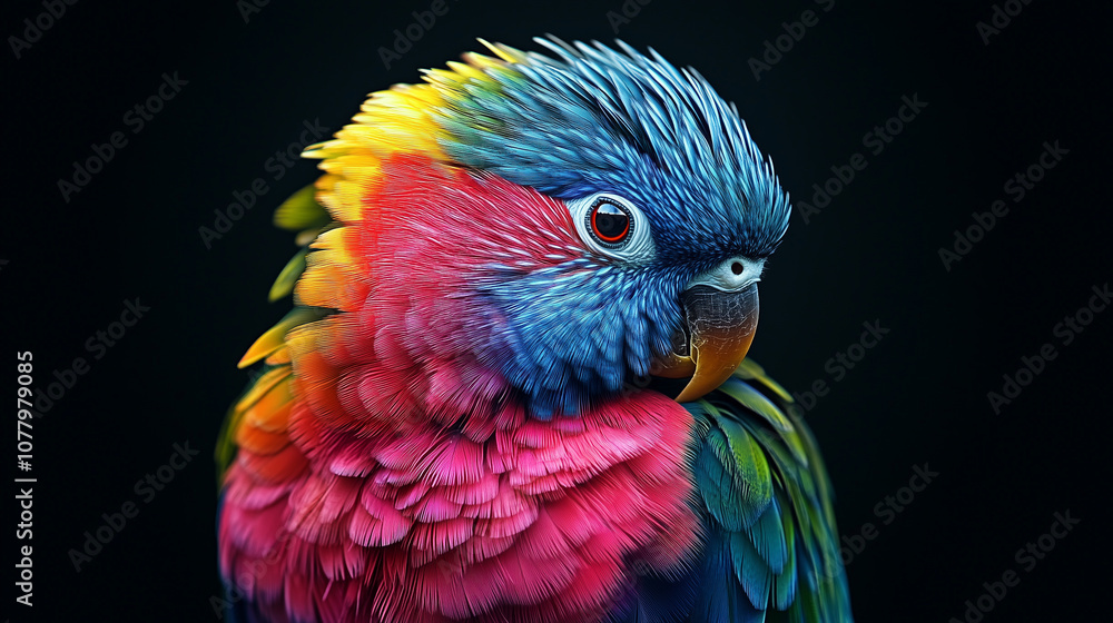 Obraz premium Rainbow parrot with beautiful feathers flaunts a stunning array of colors, from vibrant reds to deep blues. 