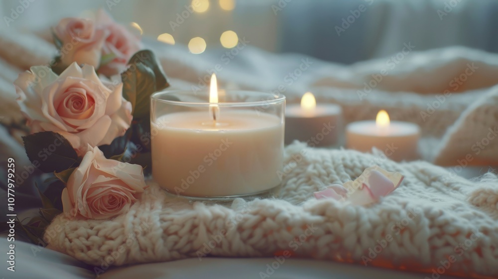 A candle with a white knitted blanket and peony, roses flowers. Blurred bokeh background. Copy space. Serene and calmness. A candle with a white knitted blanket and peony, roses flowers. Blurred bokeh background. Copy space. Serene and calmness.