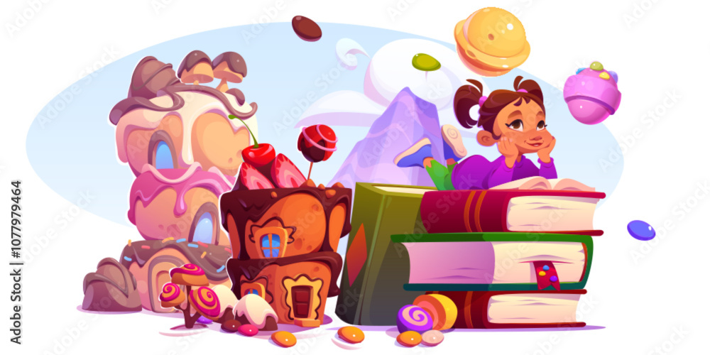 Fototapeta premium Dreamy girl lies near stack of tale books and open one surrounded by delicious candy houses, chocolates, cherries and colorful sweets. Fantasy landscape with purple mountain peak and floating lollipop