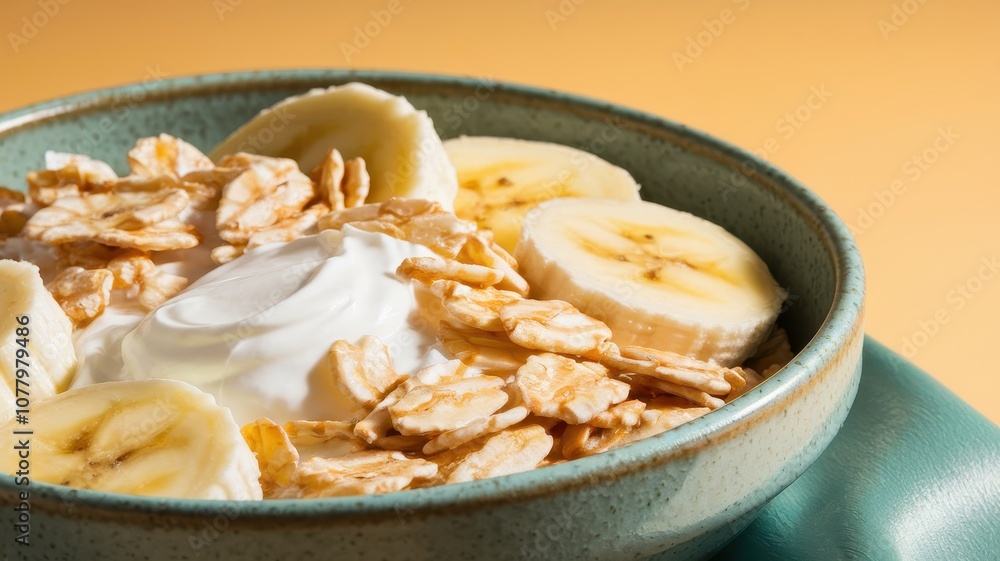 Close-up bowl of breakfast cereal with cornflakes, plain food presentation Close-up bowl of breakfast cereal with cornflakes, plain food presentation