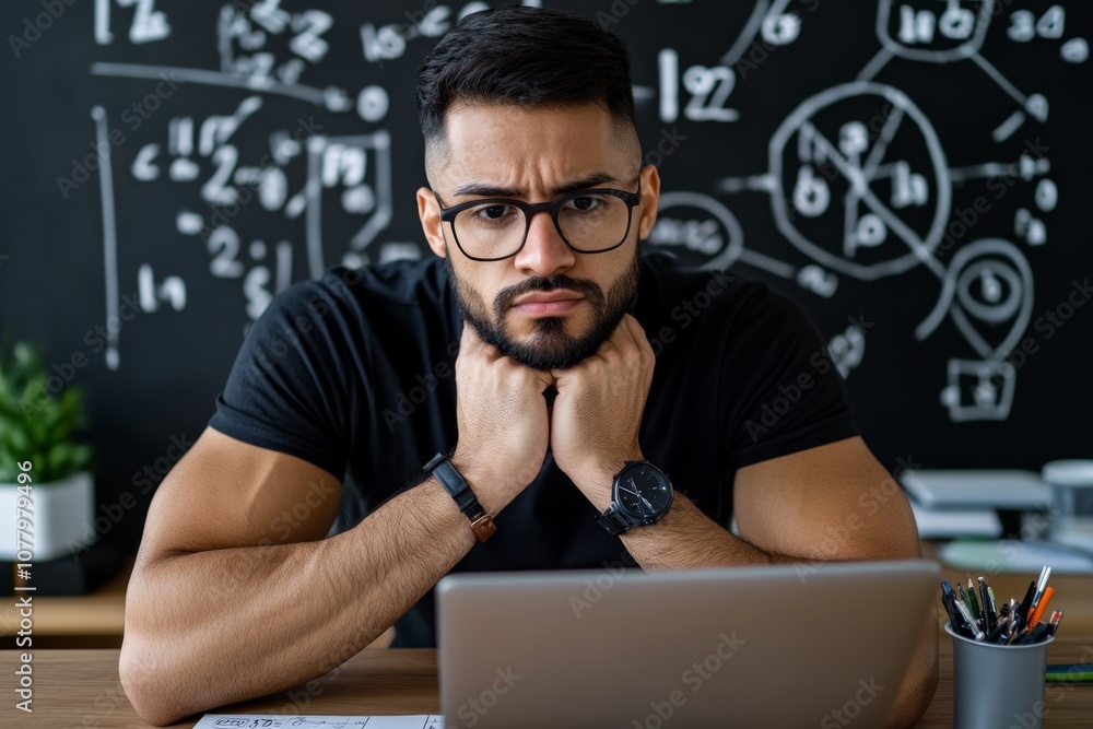 Mathematician solving a complex equation on a chalkboard, surrounded by numbers and symbols Mathematician solving a complex equation on a chalkboard, surrounded by numbers and symbols