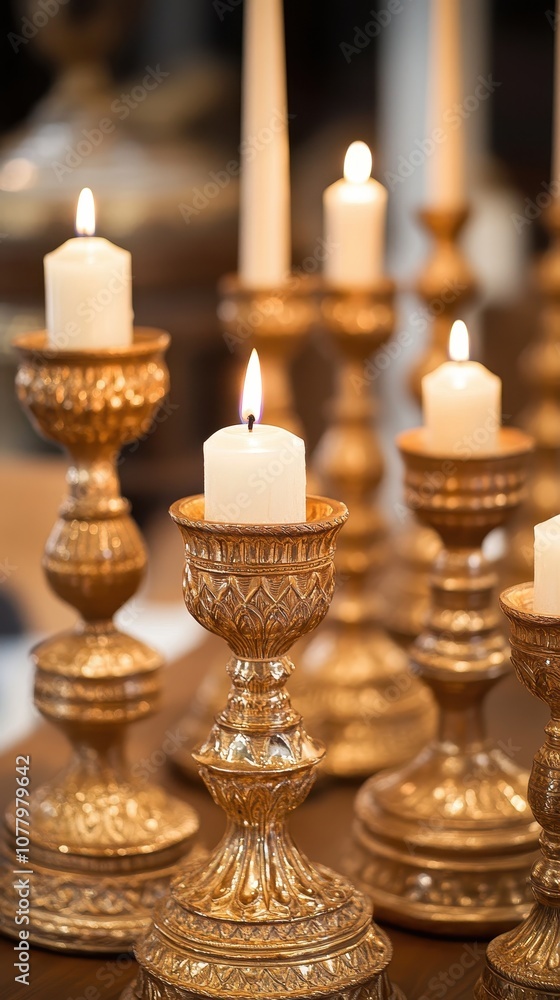 Candle holders beautifully carved, each featuring a lit candle, casting a warm glow in a temple Candle holders beautifully carved, each featuring a lit candle, casting a warm glow in a temple