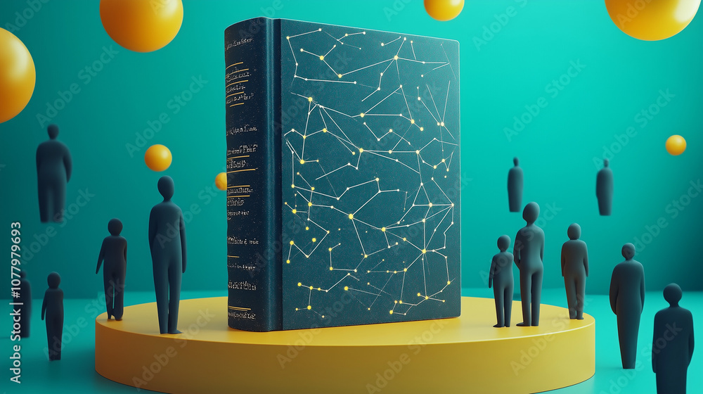 Fototapeta premium A creative representation of a book with constellations surrounded by abstract figures and spheres in a vibrant setting. Generative AI