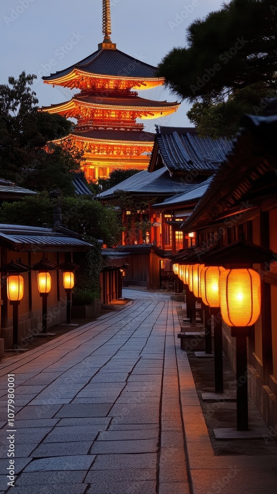 The Buddhist temple glows warmly in the evening, lanterns lighting the tranquil pathway The Buddhist temple glows warmly in the evening, lanterns lighting the tranquil pathway