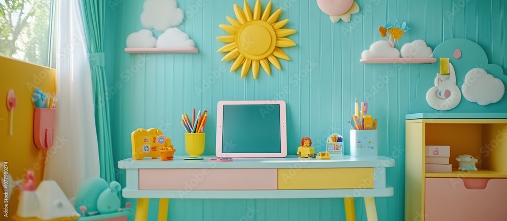 A colorful kid's desk with a tablet, crayons, and a shelf with toys. A colorful kid's desk with a tablet, crayons, and a shelf with toys.