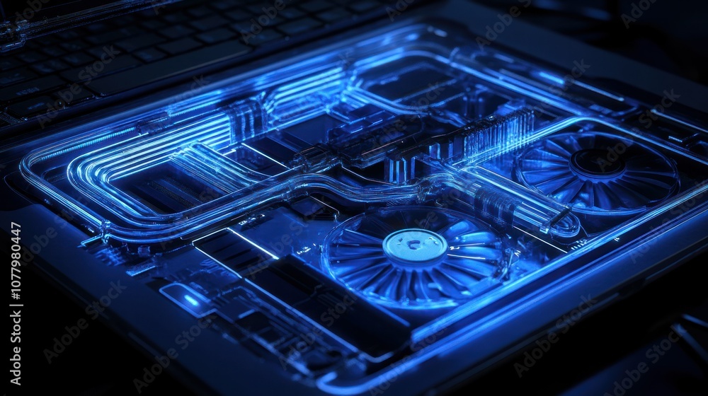 Blueprint of a laptop's cooling system, showing the heat sink, fans, and thermal pipe layout in high-detail photorealistic style Blueprint of a laptop's cooling system, showing the heat sink, fans, and thermal pipe layout in high-detail photorealistic style