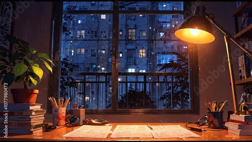 Cozy Study Scene with Night View and Warm Lighting