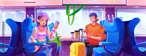 Modern train compartment interior with passengers using phones while seated in blue chairs. Young woman and man travelers with luggage. Coffee cups placed on table, cityscape visible through windows.