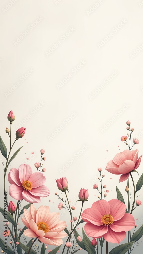 A flowery background with pink flowers in the foreground A flowery background with pink flowers in the foreground