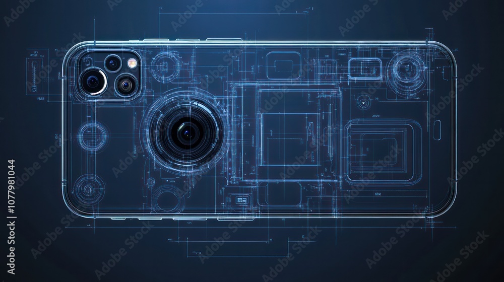 Fototapeta premium Blueprint of a phones front and rear camera setup, with details of lenses, sensors, and connectors, rendered photorealistically