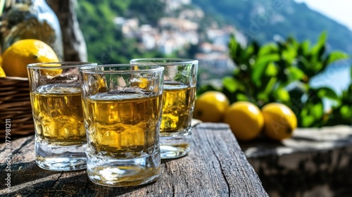 Refreshing springtime scene with limoncello and fresh lemons in a scenic setting