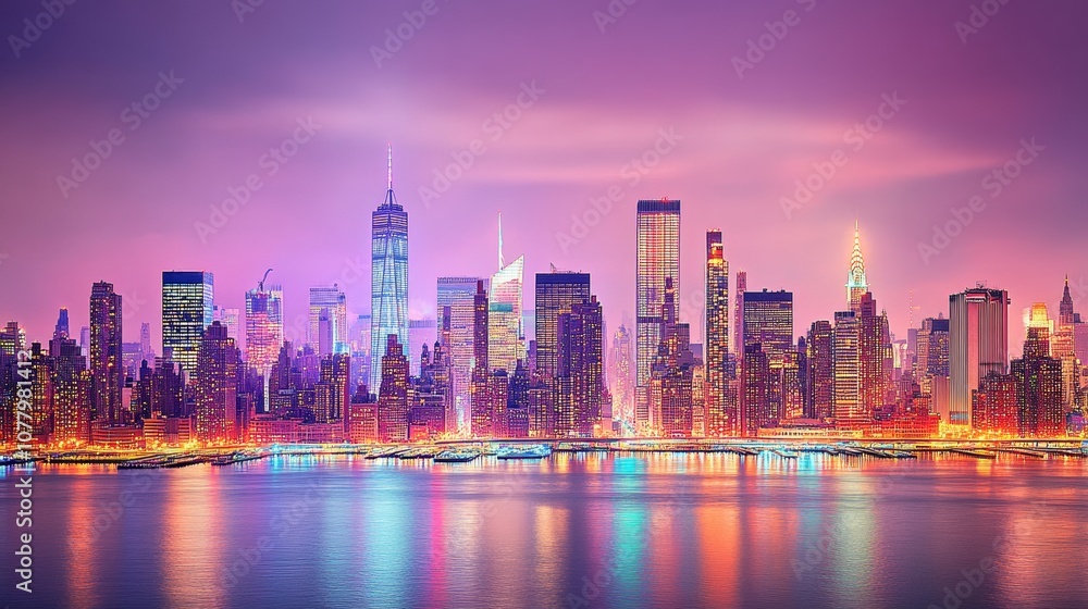 Fototapeta premium New York City skyline at night with illuminated skyscrapers