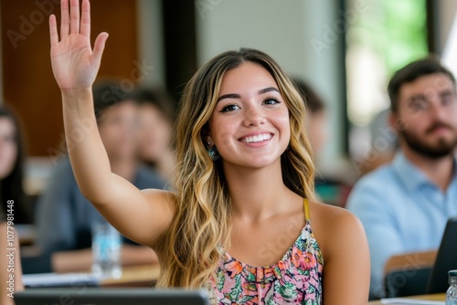 Student raising their hand in a classroom, eagerly participating in a discussion photo