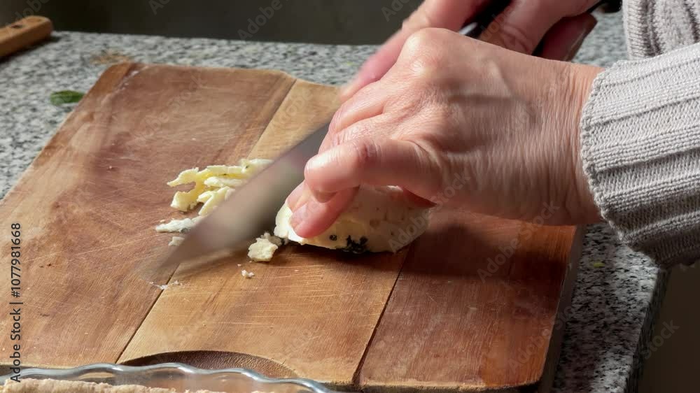 Hands Cutting Blue Cheese on a Wooden Chopping Board - Close Up Hands Cutting Blue Cheese on a Wooden Chopping Board - Close Up