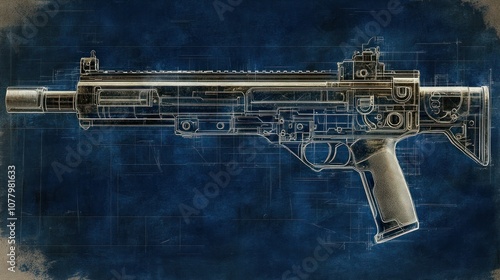 Blueprint of a submachine guns barrel assembly, showcasing the muzzle, flash suppressor, and internals in photorealistic detail photo