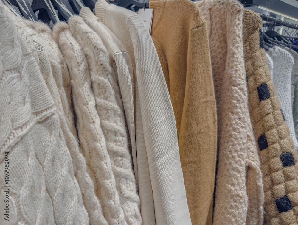 Strickjacken und Pullover auf einem Kleiderständer in einem Kaufhaus