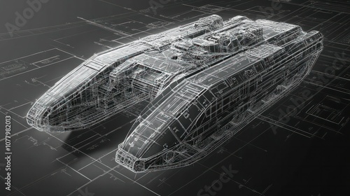 Blueprint of tank's hull, showing structure and armored plating details, rendered photorealistically with accurate technical measurements photo