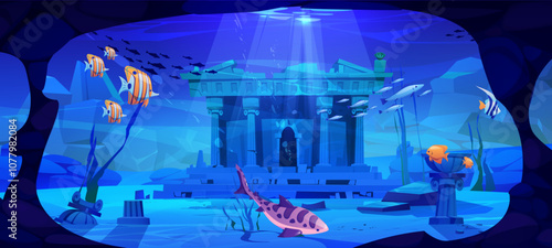 Sunken ancient temple ruins with classical columns illuminated by sunbeams through deep water. Tropical fish swimming around archaeological stone site structures. Mysterious underwater cave scene.