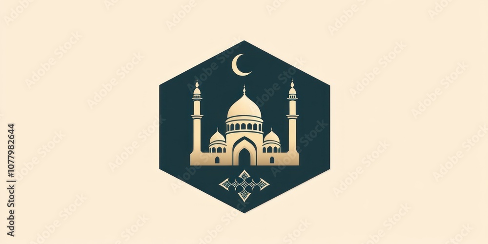 Golden Mosque Silhouette with Crescent Moon and Ornamental Design Golden Mosque Silhouette with Crescent Moon and Ornamental Design