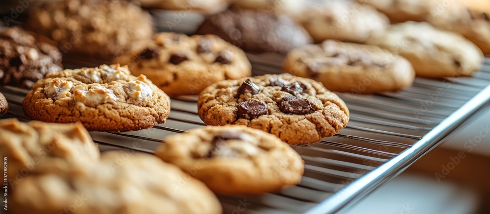 Freshly baked cookies cooling on a wire rack. Freshly baked cookies cooling on a wire rack.