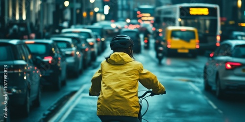 Wallpaper Mural A cyclist navigates a busy city street on a rainy day. The urban scene is vibrant with yellow accents. Perfect for travel and lifestyle themes. Capture the essence of city cycling. AI Torontodigital.ca