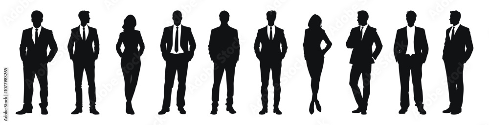Business professionals in formal attire, vector illustration. Group of men and women in suits standing confidently, representing corporate and office settings. Business professionals in formal attire, vector illustration. Group of men and women in suits standing confidently, representing corporate and office settings.