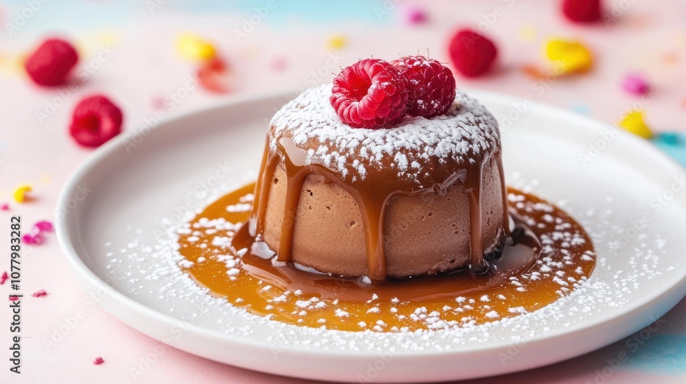 A delicious chocolate dessert topped with raspberries and caramel sauce on a vibrant background. A delicious chocolate dessert topped with raspberries and caramel sauce on a vibrant background.