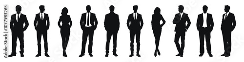 Business professionals in formal attire, vector illustration. Group of men and women in suits standing confidently, representing corporate and office settings.