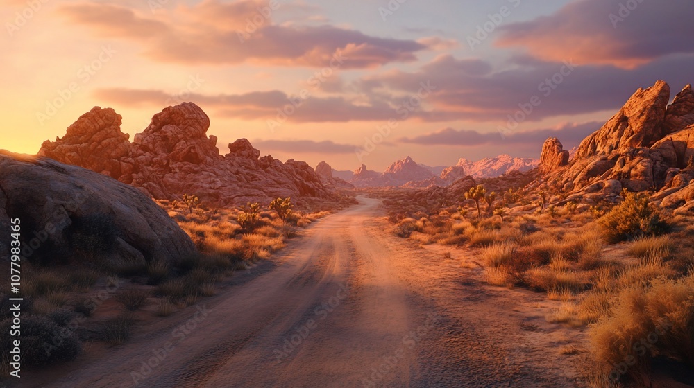 Fototapeta premium A dirt road winds through a desert landscape with rocky formations and Joshua trees as the sun sets, casting a warm glow over the scene.