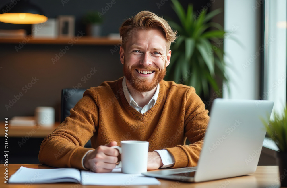 Smiling business professional in home office with laptop and coffee Smiling business professional in home office with laptop and coffee